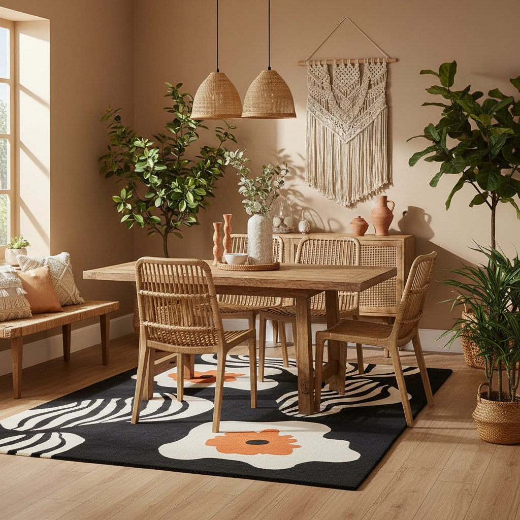 Dining room with wooden table, chairs, and decorative rug in a warm-toned interior.
