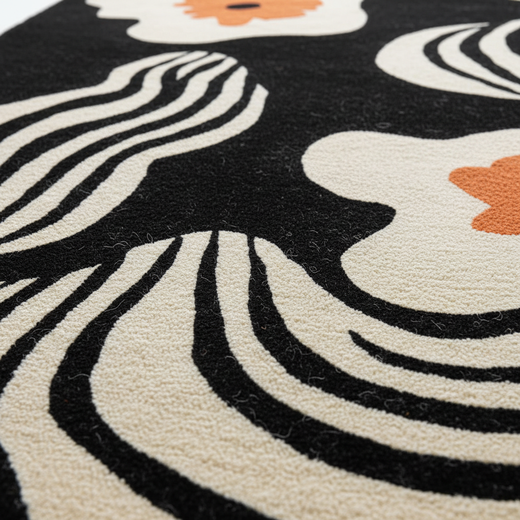 Close-up of a rug with abstract patterns in black, white, and orange.