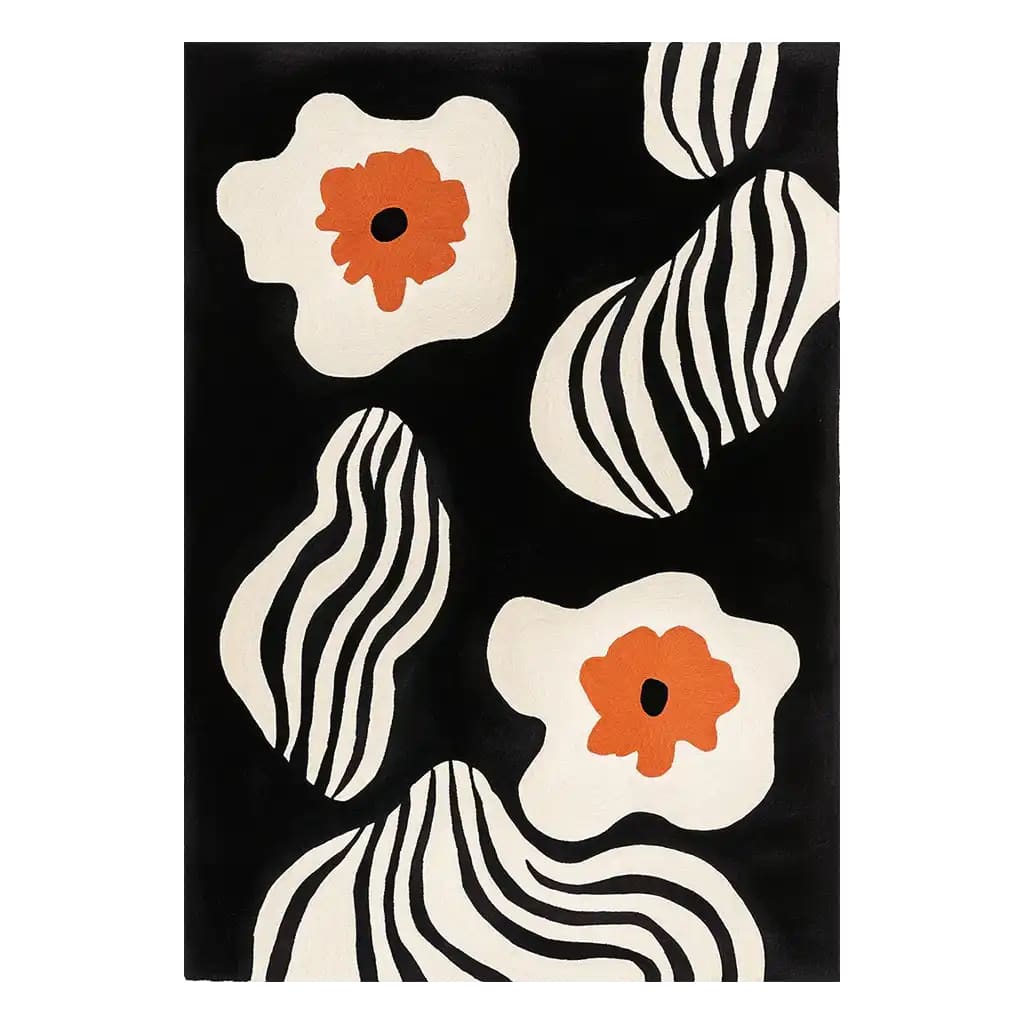 This stylish area rug features a contemporary design with abstract black and white patterns and bold orange floral accents, perfect for adding a modern touch to large living room spaces. Crafted from high-quality wool, it's both durable and elegant, making it an ideal choice for living room area rugs.