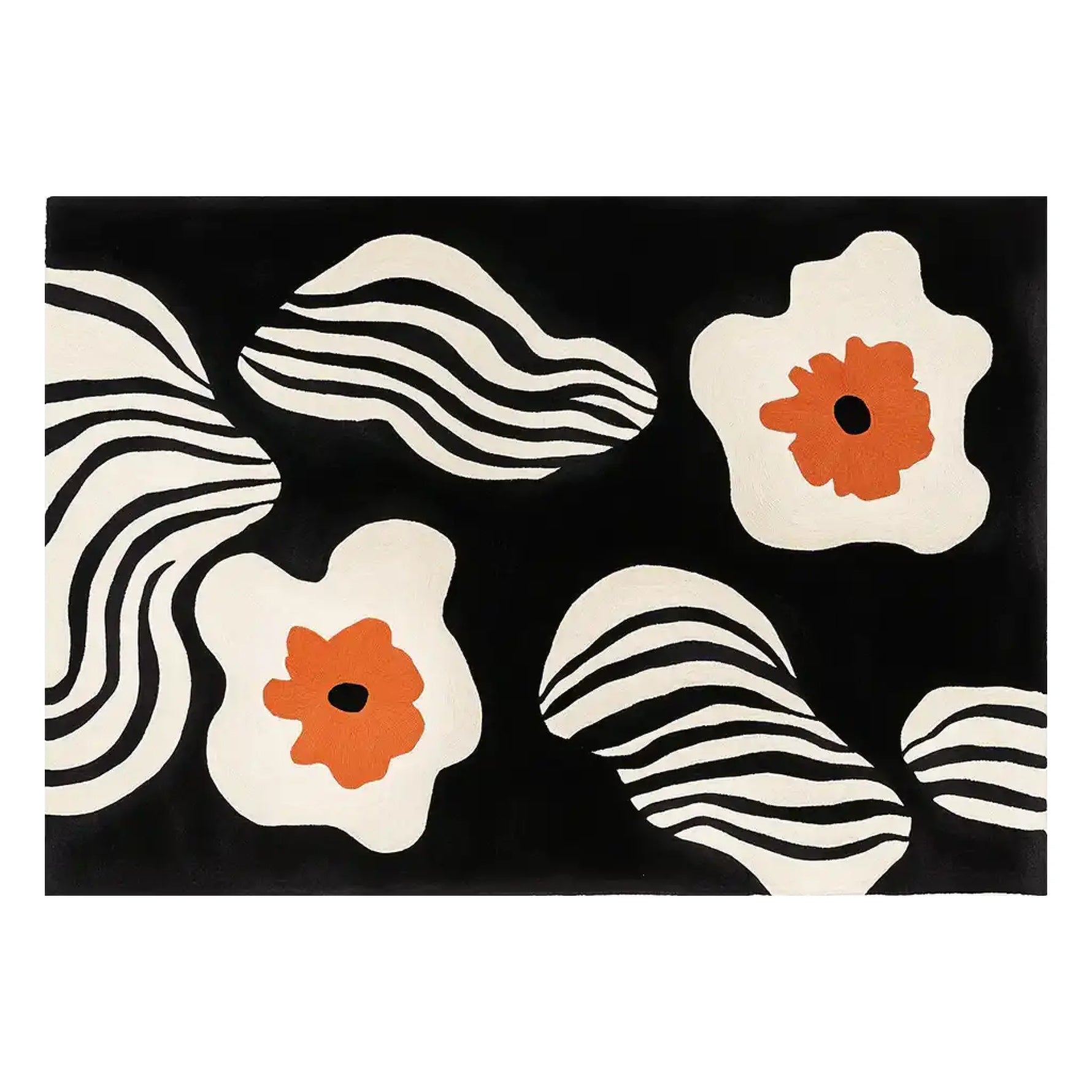 A vibrant area rug showcasing a contemporary design with bold black and white abstract shapes and striking orange floral accents. Perfect for large living room spaces, this hand-tufted wool rug adds a modern touch to any decor, making it an ideal choice for those seeking stylish living room area rugs.