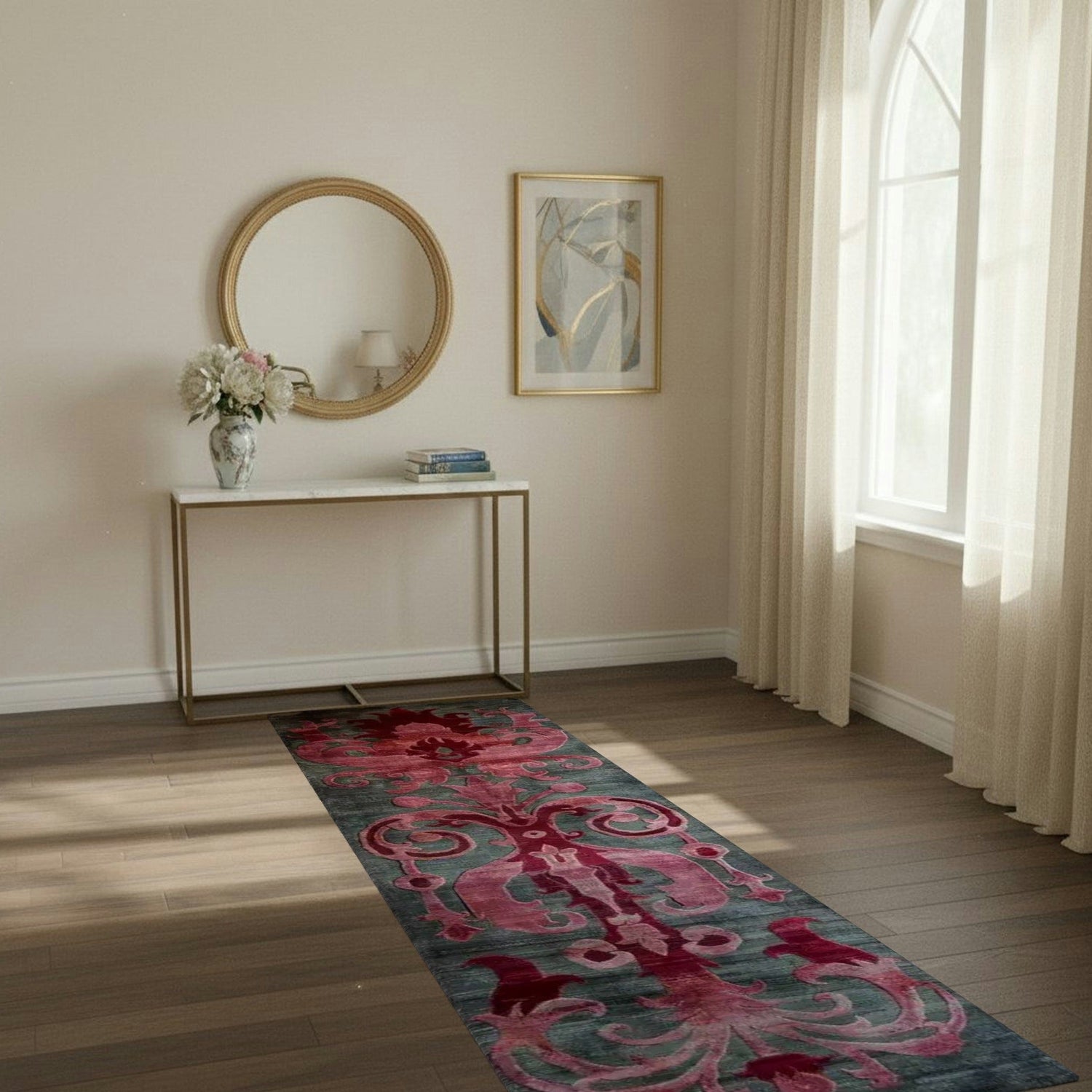 Floral Damask hand tufted wool runner rug in entryway, crimson and pink scrolling damask on grey ground, dark hardwood floor