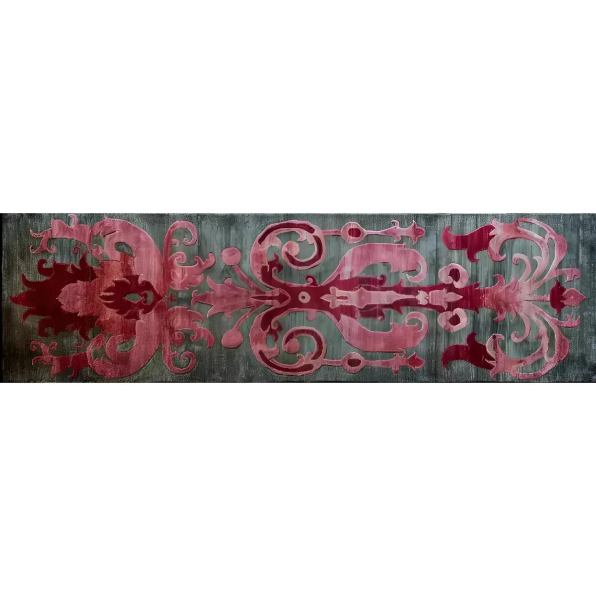 Elegant Floral Damask hand-tufted wool runner rug featuring a rich red and pink pattern on a dark backdrop, perfect for adding a touch of luxury to your hallway or kitchen space. This area rug showcases intricate design details that make it ideal for both large living room rugs and stylish kitchen runner rugs.