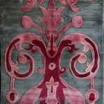 Close-up view of a Floral Damask Hand Tufted Wool Runner Rug featuring intricate pink and red patterns on a gray background. Perfect for enhancing spaces as an area rug, kitchen runner rug, or large living room rug. Ideal for adding elegance to your hallway or bathroom.