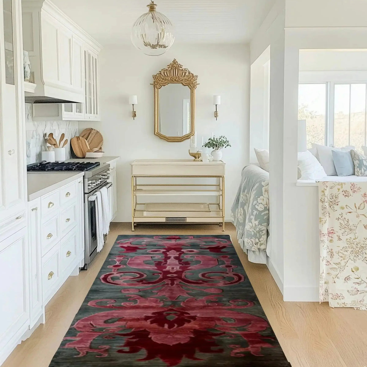 Stylish Floral Damask Hand Tufted Wool Runner Rug in a bright kitchen setting, perfect as a kitchen runner rug or hallway runner rug, adding elegance with its intricate design and rich colors, ideal for any living room or bathroom decor.