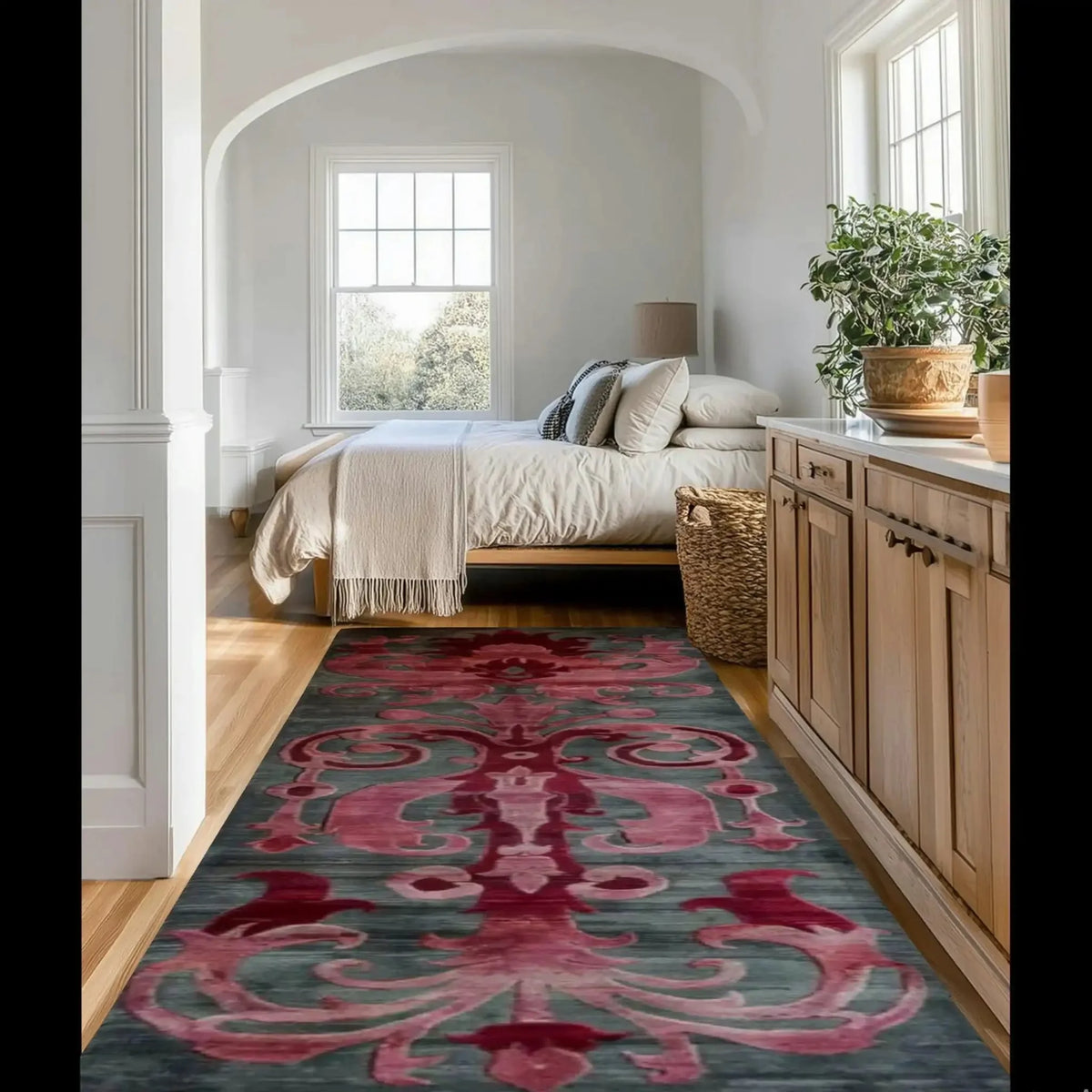 Elegant hallway featuring a Floral Damask Hand Tufted Wool Runner Rug with a vibrant pattern in shades of red and grey. The wool rug beautifully complements the light wooden floor, adding a touch of sophistication to the bedroom space. Ideal as a hallway runner rug or for use in various areas like kitchens and living rooms.