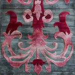 Close-up view of a Floral Damask Hand Tufted Wool Runner Rug featuring a beautiful pink and red damask pattern on a dark grey background, perfect for adding elegance to any space such as a living room, hallway, or bathroom. Ideal for those seeking luxurious kitchen runner rugs or large living room rugs.