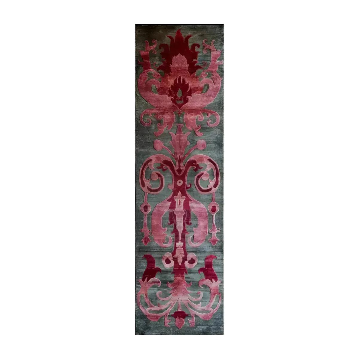 A stunning Floral Damask Hand Tufted Wool Runner Rug featuring an intricate red and pink damask pattern on a subtle gray background. Perfect for adding elegance to any space, this area rug can serve as a kitchen runner rug, hallway runner rug, or a stylish addition to your living room. Its luxurious wool material brings warmth and sophistication to large living room rugs or bathroom runner rugs.