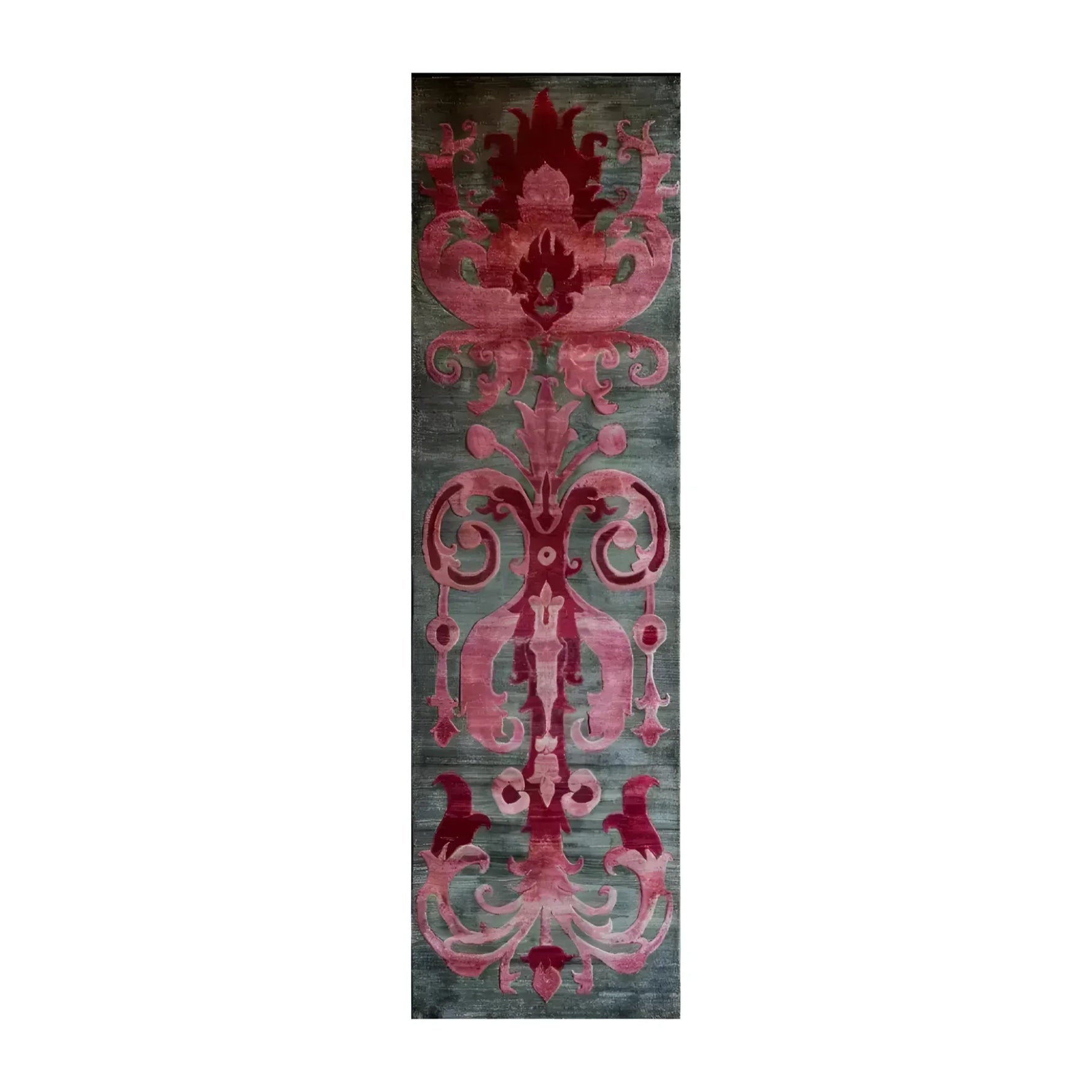 A stunning Floral Damask Hand Tufted Wool Runner Rug featuring an intricate red and pink damask pattern on a subtle gray background. Perfect for adding elegance to any space, this area rug can serve as a kitchen runner rug, hallway runner rug, or a stylish addition to your living room. Its luxurious wool material brings warmth and sophistication to large living room rugs or bathroom runner rugs.