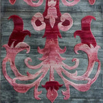 Close-up view of a Floral Damask Hand Tufted Wool Runner Rug featuring a beautiful pink and red damask pattern on a dark grey background, perfect for adding elegance to any space such as a living room, hallway, or bathroom. Ideal for those seeking luxurious kitchen runner rugs or large living room rugs.