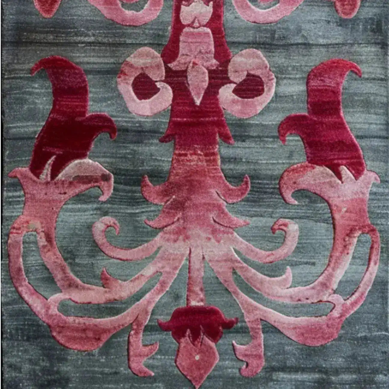 Close-up view of a Floral Damask Hand Tufted Wool Runner Rug featuring a beautiful pink and red damask pattern on a dark grey background, perfect for adding elegance to any space such as a living room, hallway, or bathroom. Ideal for those seeking luxurious kitchen runner rugs or large living room rugs.