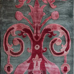 Close-up view of a Floral Damask Hand Tufted Wool Runner Rug featuring intricate pink and red patterns on a gray background. Perfect for enhancing spaces as an area rug, kitchen runner rug, or large living room rug. Ideal for adding elegance to your hallway or bathroom.