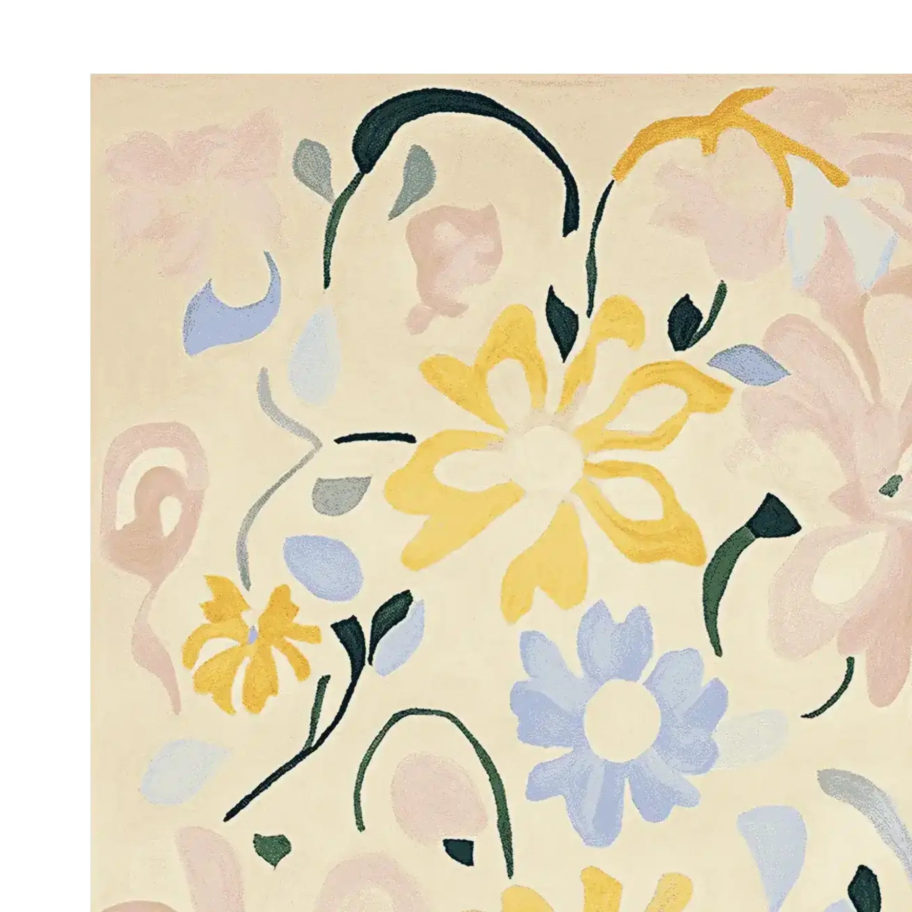 Close-up view of the Floral Dance Memory Hand Tufted Rug, showcasing its vibrant floral pattern. This contemporary wool area rug, perfect for living rooms, features an elegant mix of yellow, blue, and pink flowers against a soft beige background.