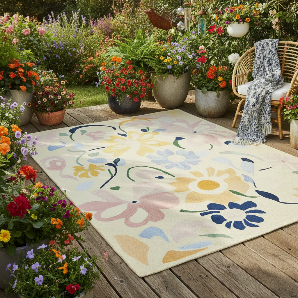 Floral-patterned rug on a wooden deck with potted flowers and a chair.