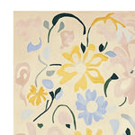 Close-up view of the Floral Dance Memory Hand Tufted Rug, showcasing its vibrant floral pattern. This contemporary wool area rug, perfect for living rooms, features an elegant mix of yellow, blue, and pink flowers against a soft beige background.