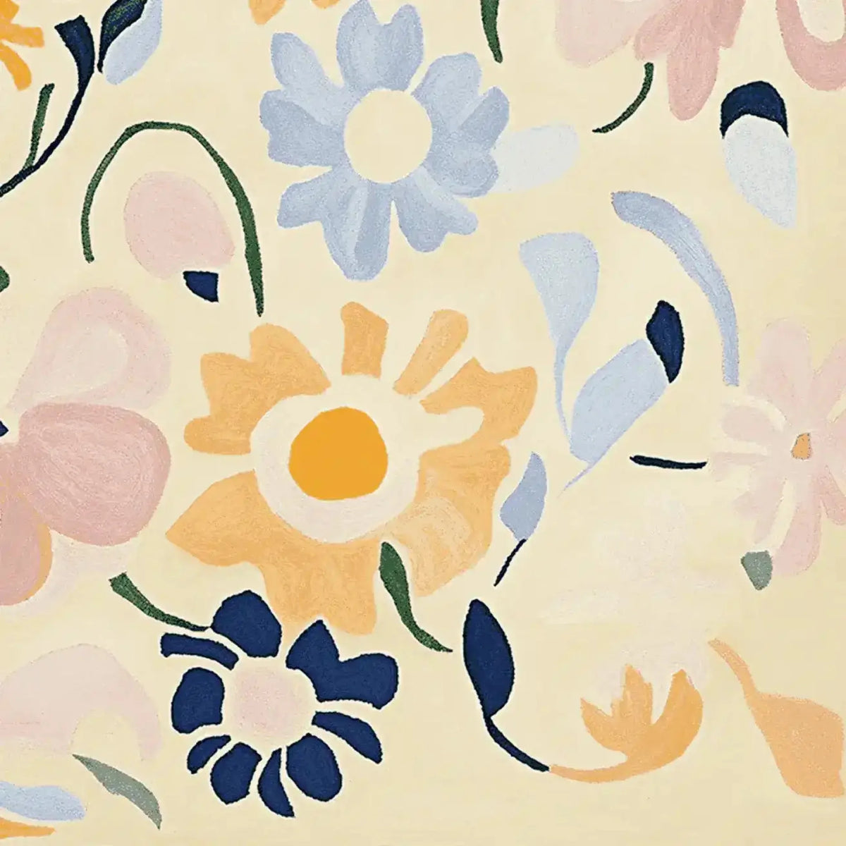 A vibrant, hand-tufted floral area rug featuring a mix of colorful flowers in shades of blue, yellow, and pink on a light background. Perfect as a contemporary rug for living room spaces, this wool rug adds a touch of elegance and warmth, making it an ideal choice for living room area rugs.