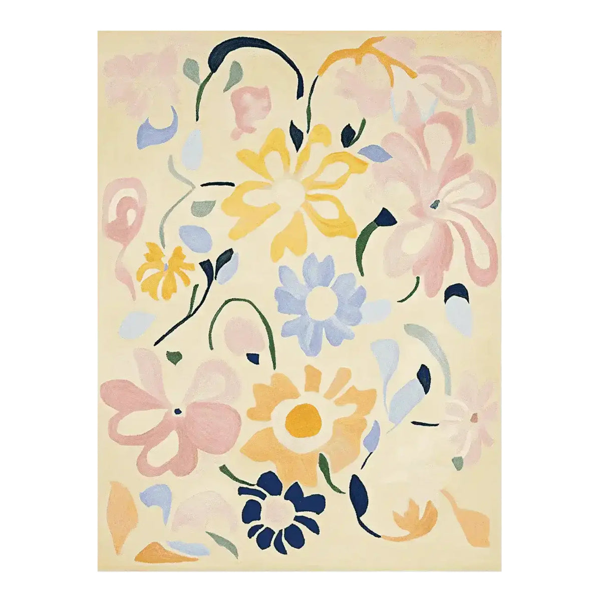 Floral-patterned rug on a wooden deck with potted flowers and a chair.