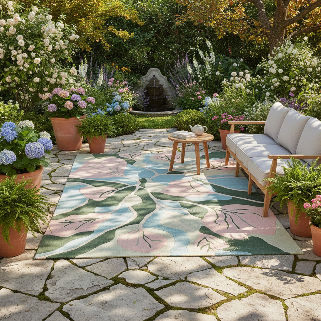 Outdoor patio with floral rug, wooden furniture, and potted plants in a garden setting.