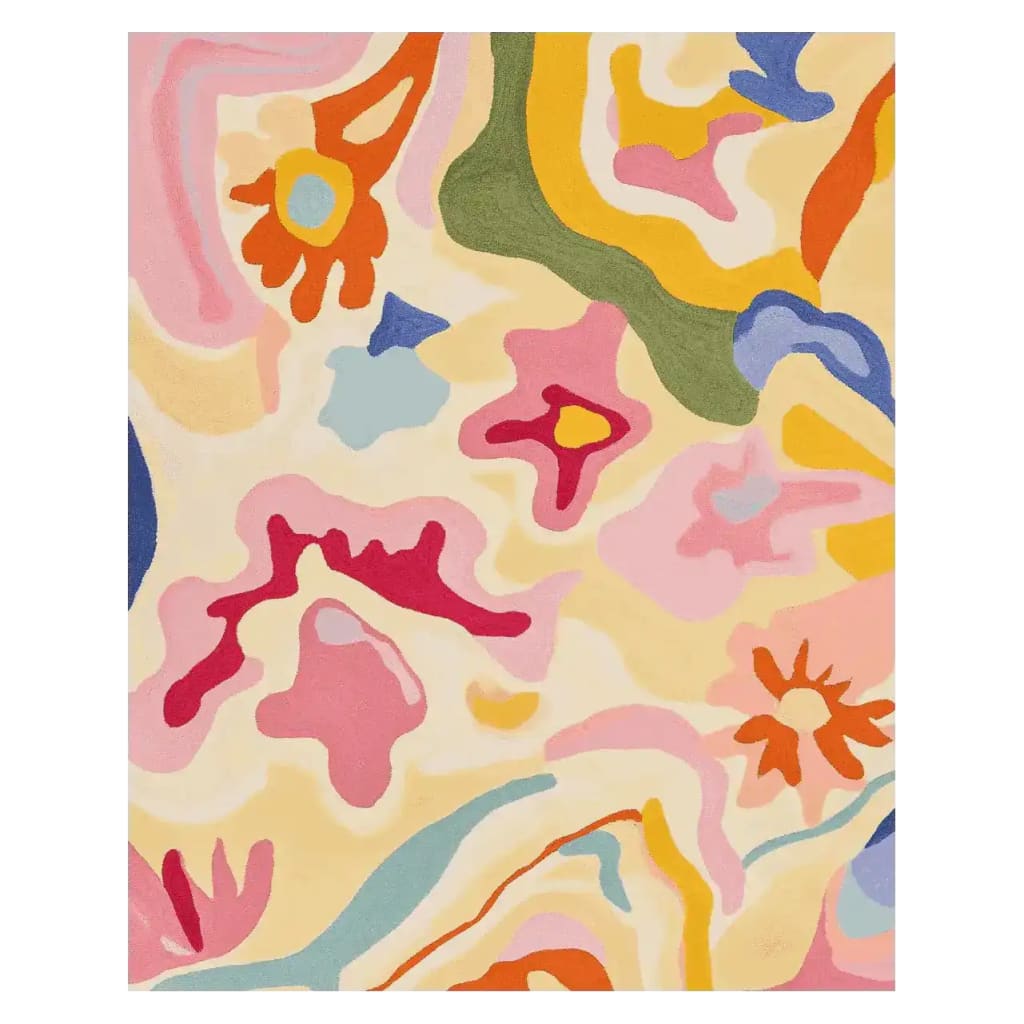 A vibrant area rug featuring an abstract floral design with bold colors like pink, orange, and green. This contemporary rug is perfect for adding a splash of color to any living room. Made from high-quality wool, it's an ideal choice for those seeking stylish area rugs for living rooms.