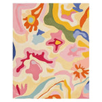 A vibrant area rug featuring an abstract floral design with bold colors like pink, orange, and green. This contemporary rug is perfect for adding a splash of color to any living room. Made from high-quality wool, it's an ideal choice for those seeking stylish area rugs for living rooms.