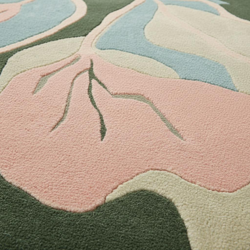 Close-up of a textured rug with leaf patterns in pink, green, and blue.