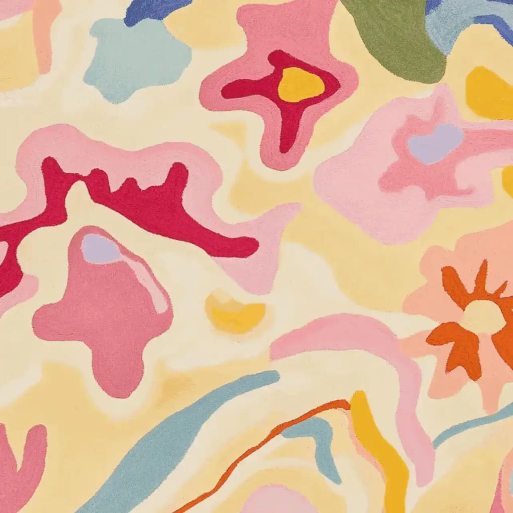 Vibrant and colorful area rug featuring an abstract floral design in pink, red, and yellow hues. This contemporary rug, made from soft wool, is perfect for adding a pop of color to your living room. Ideal for those seeking unique and stylish area rugs for living room decor.
