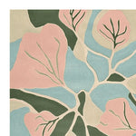 A close-up view of a hand-tufted area rug, featuring a contemporary abstract floral pattern in soft pink, green, and blue hues. Perfect for enhancing modern living room spaces, this wool rug offers a stylish and artistic touch to any decor. Ideal for living room rugs 8x10 size, adding both comfort and elegance.