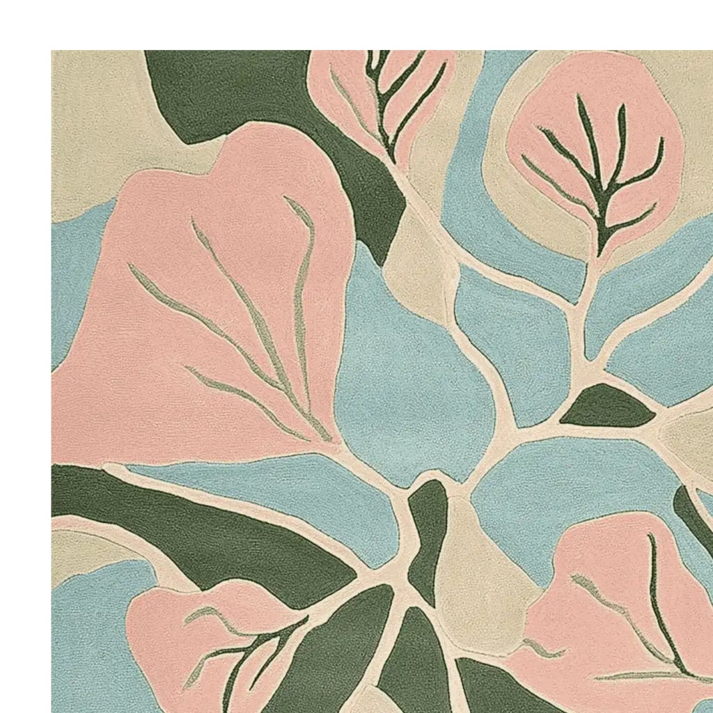 A close-up view of a hand-tufted area rug, featuring a contemporary abstract floral pattern in soft pink, green, and blue hues. Perfect for enhancing modern living room spaces, this wool rug offers a stylish and artistic touch to any decor. Ideal for living room rugs 8x10 size, adding both comfort and elegance.