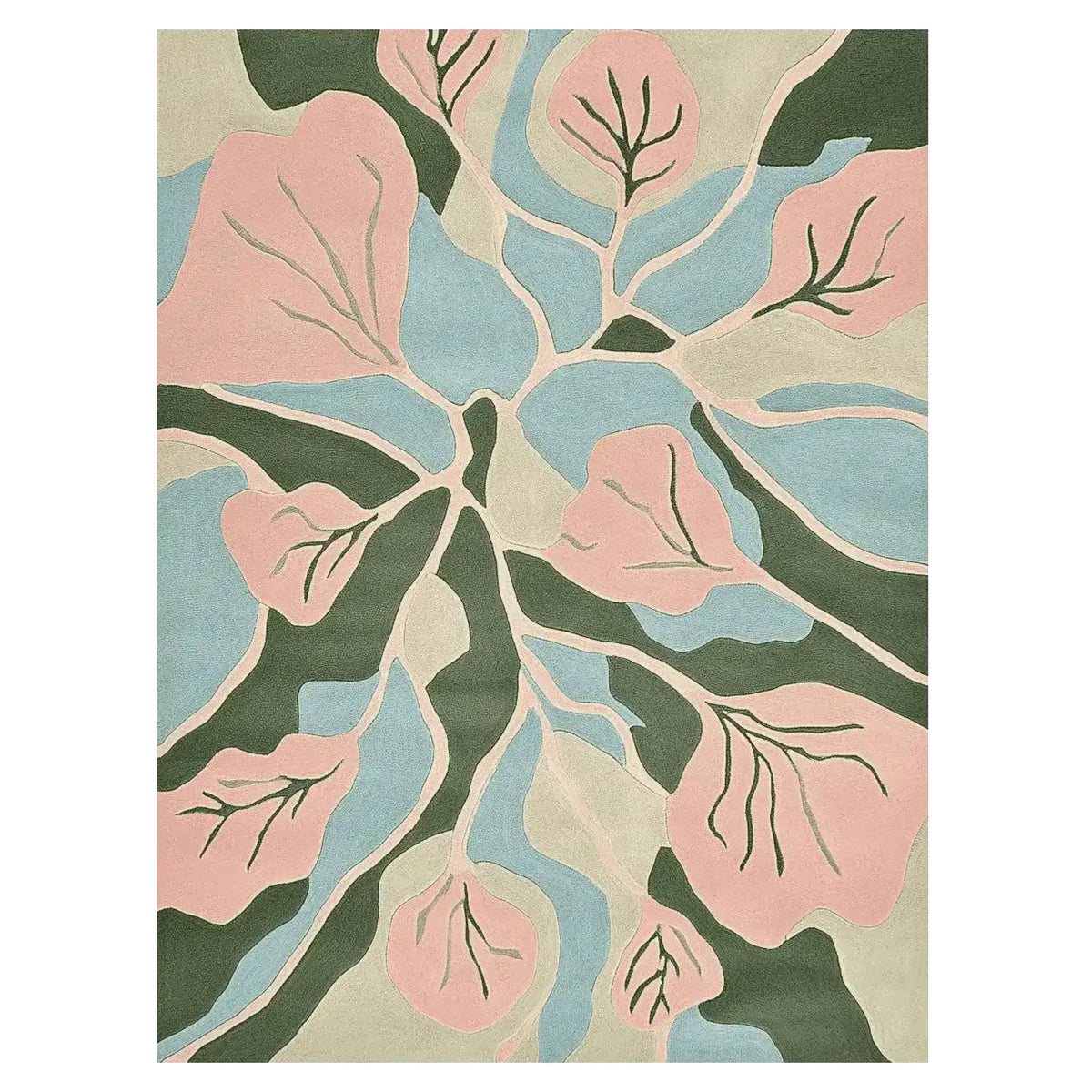 Close-up of a textured rug with leaf patterns in pink, green, and blue.
