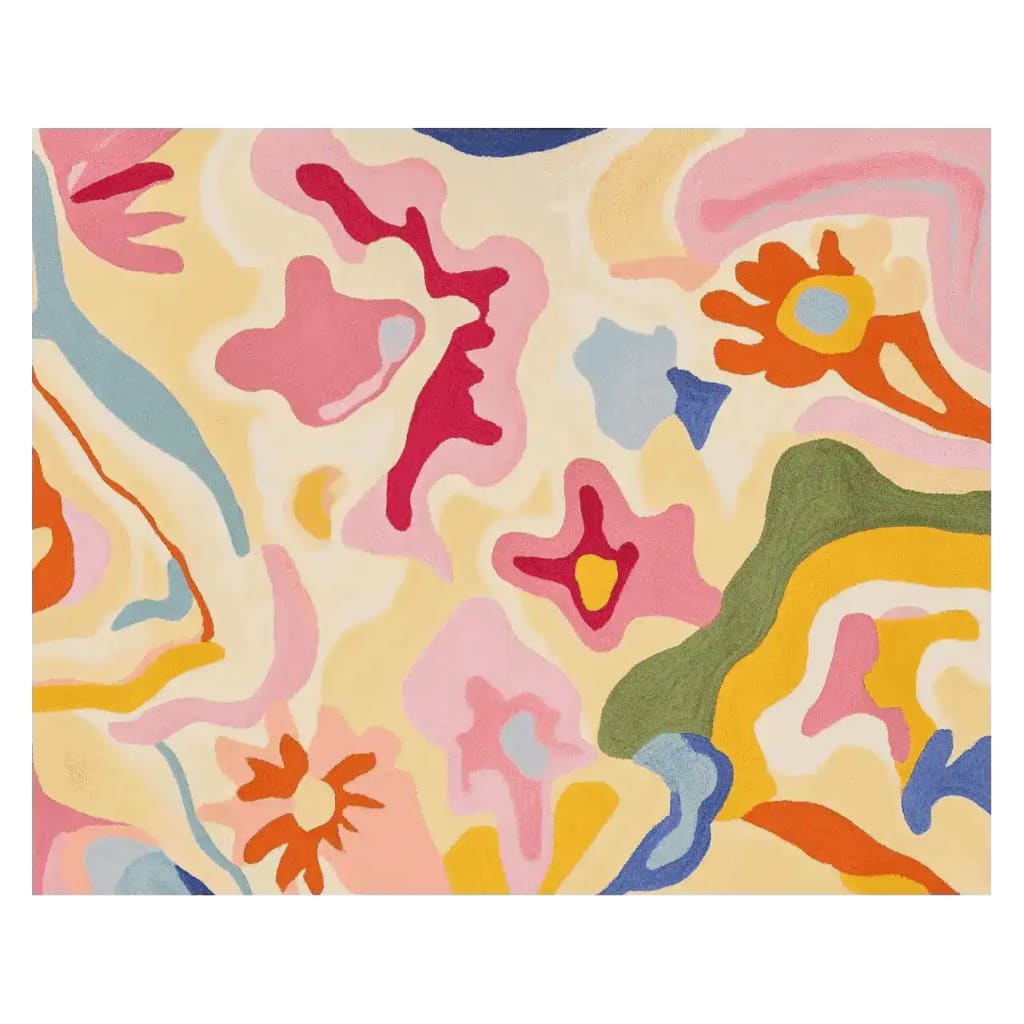A vibrant area rug showcasing abstract floral patterns in a mix of pink, orange, blue, and green hues. This contemporary rug is perfect for adding a splash of color to living room spaces. Made from quality wool, it enhances the aesthetic appeal of any home decor setting.