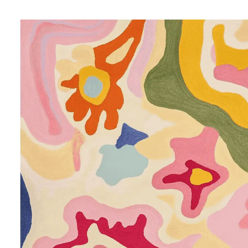 Close-up of the Floral Distortion Theory Hand Tufted Area Rug, showcasing vibrant abstract patterns in orange, pink, yellow, and green. This contemporary rug, made of wool, adds a lively touch to any living room, perfect for those seeking unique area rugs for living room spaces.