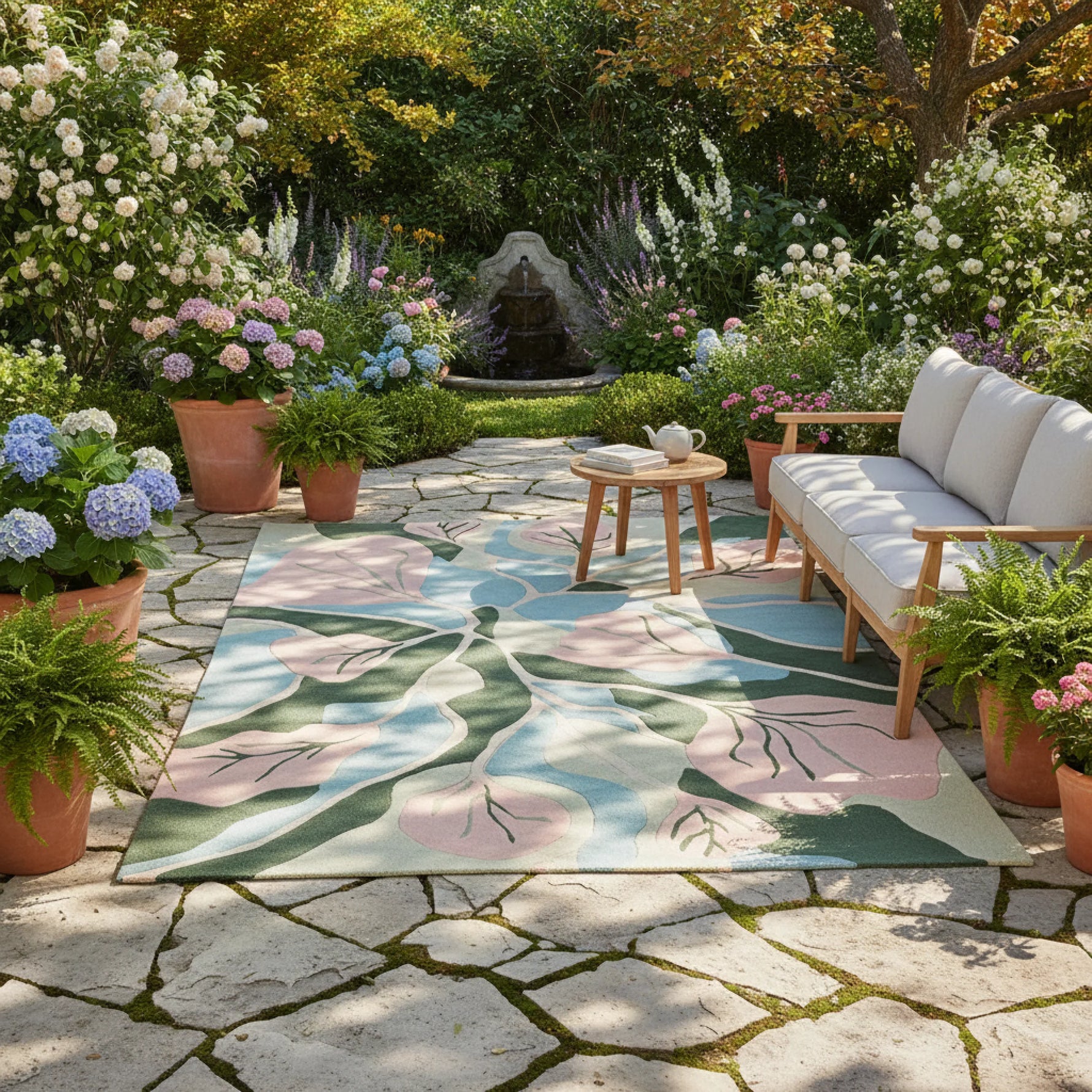 Outdoor patio with floral rug, wooden furniture, and potted plants in a garden setting.
