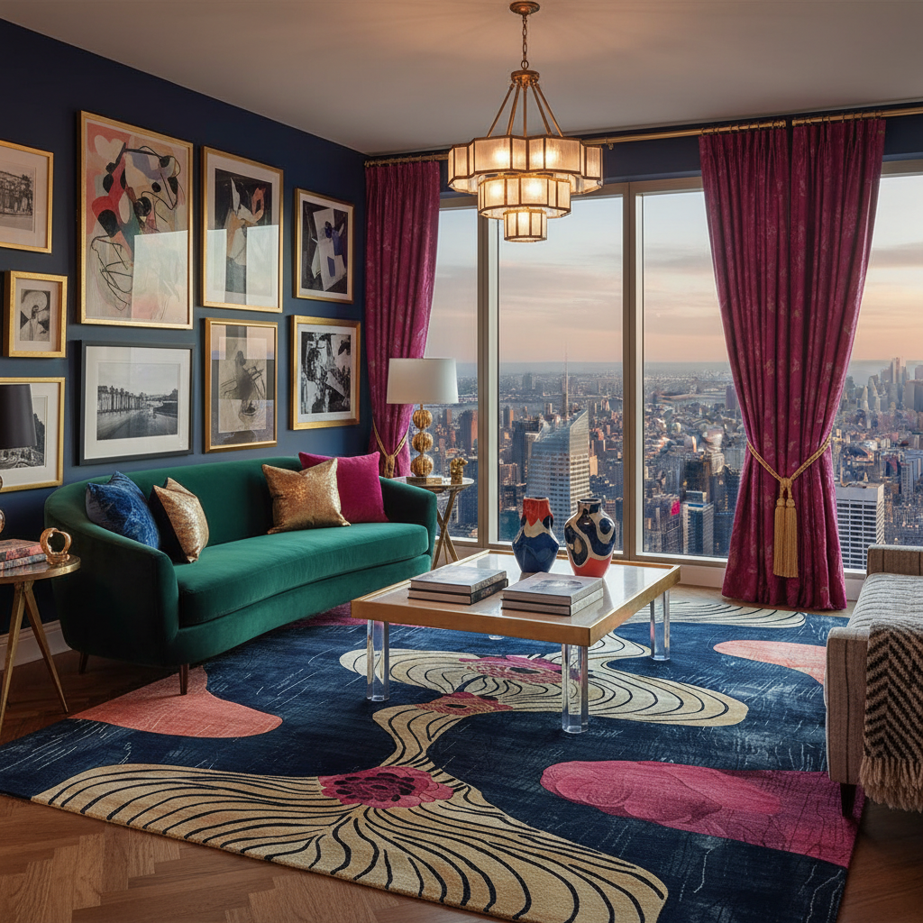 Modern living room with a green sofa, colorful rug, and cityscape view.