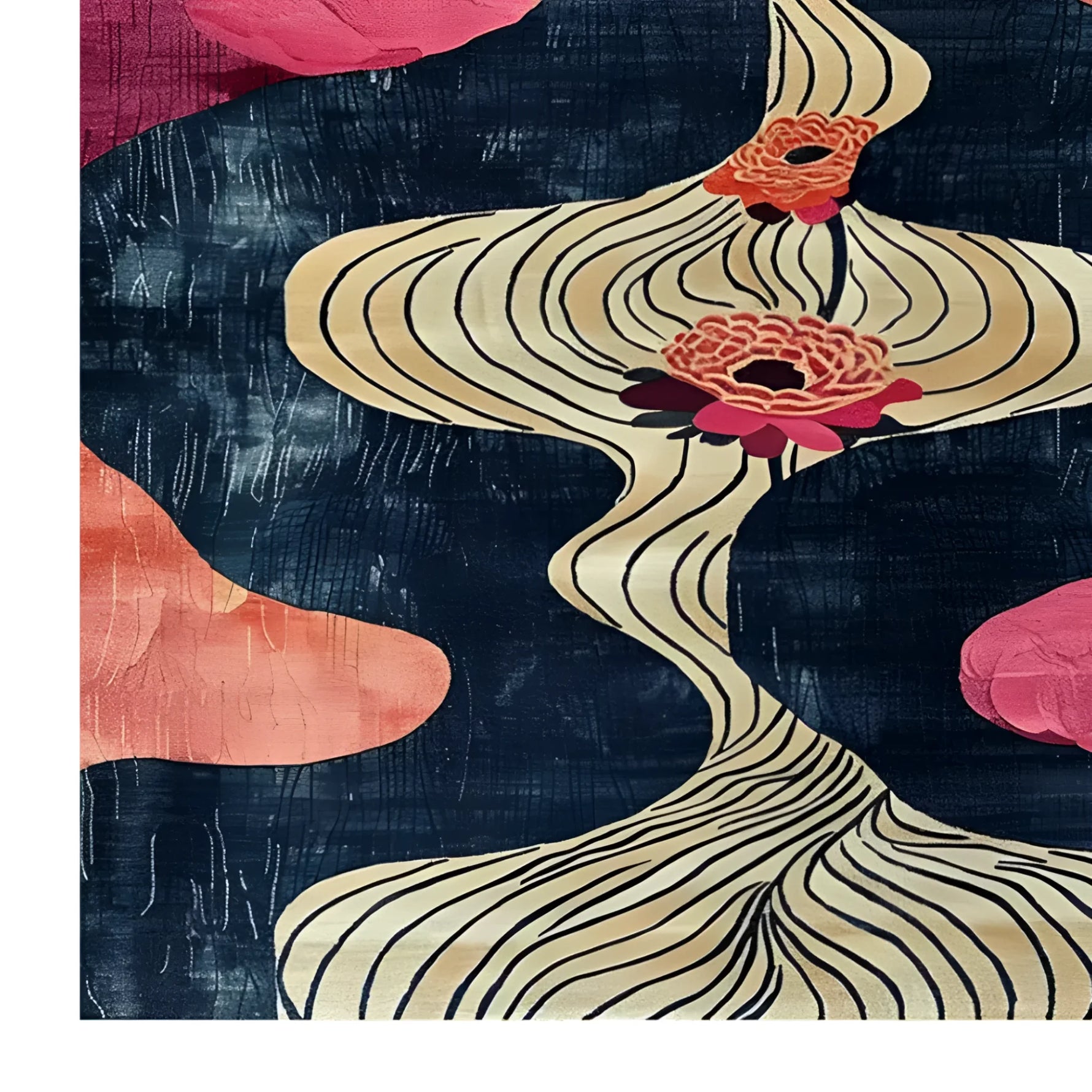 Contemporary wool area rug featuring a vibrant floral drift design with abstract patterns in shades of orange, pink, and beige on a dark background. This square area rug is perfect for adding a modern touch to your living room or office. Ideal for those seeking stylish living room rugs in an 8x10 size.