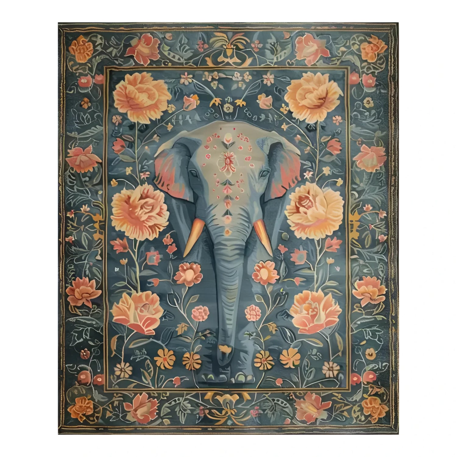 Elegant Floral Elephant Wool Hand Knotted Area Rug featuring a majestic elephant surrounded by intricate floral patterns. Perfect for adding a touch of sophistication to your living room, this rug combines the charm of Persian rugs with modern design, making it an ideal choice for area rugs for living room spaces.