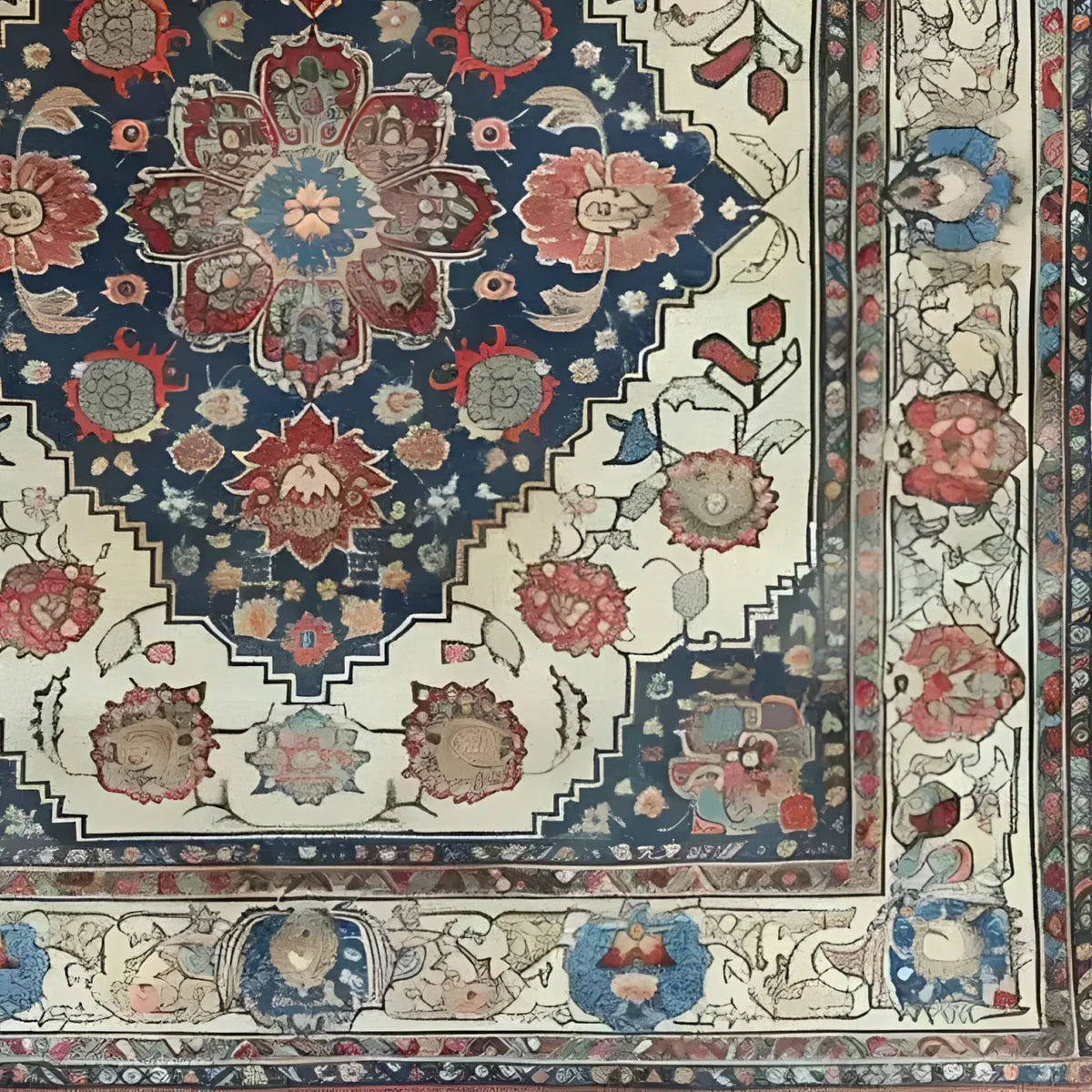 A close-up view of the Floral Euphoria Hand Knotted Area Rug, showcasing its intricate vintage Persian design with vibrant floral patterns. This 8x10 rug is perfect for adding a touch of elegance to living room spaces, combining both traditional and floral rug styles.