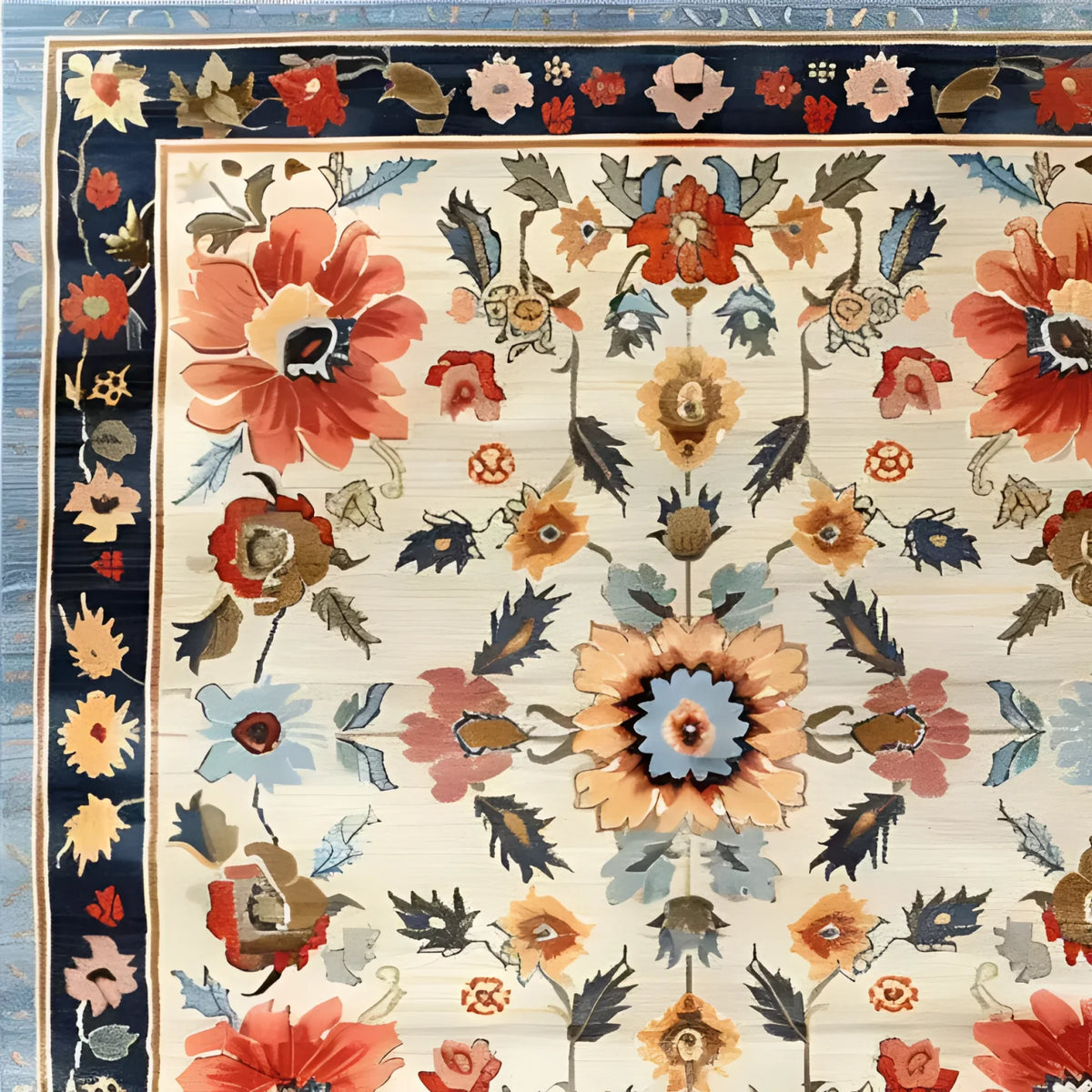 Vibrant floral wool hand-knotted area rug perfect for bedrooms and dining rooms. This Persian-inspired rug features an intricate design with bold red, blue, and orange flowers, making it a standout piece for living room and dining room decor.