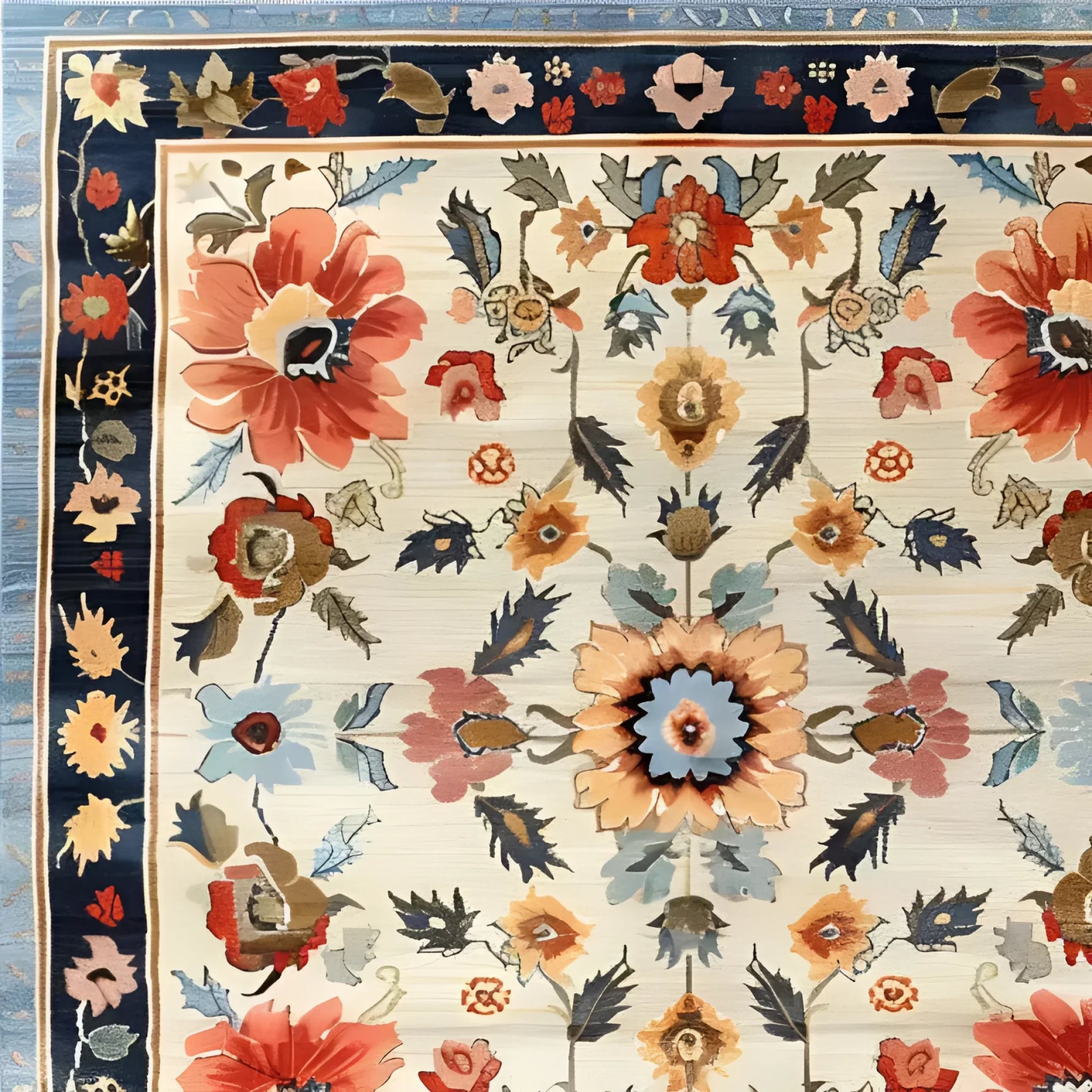 Vibrant floral wool hand-knotted area rug perfect for bedrooms and dining rooms. This Persian-inspired rug features an intricate design with bold red, blue, and orange flowers, making it a standout piece for living room and dining room decor.