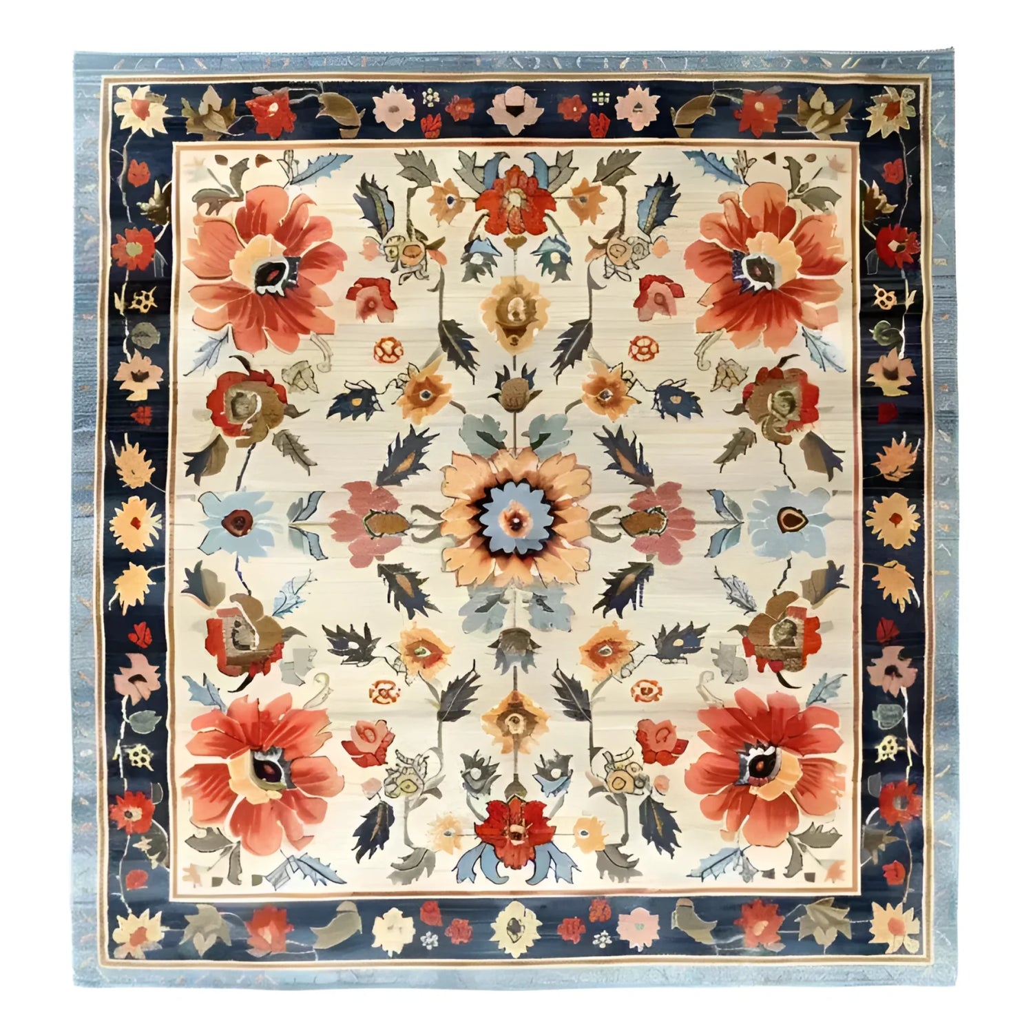 A beautifully crafted Floral Extravaganza Wool Hand Knotted Area Rug, featuring a vibrant floral design with intricate patterns in shades of red, blue, and orange. Perfect for enhancing the elegance of bedrooms, living rooms, and dining rooms, this wool rug exudes the timeless charm of Persian rugs.