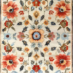 A beautifully intricate Floral Extravaganza wool hand-knotted area rug, showcasing vibrant red, orange, blue, and beige floral patterns on a cream background. Ideal for adding a touch of elegance to bedrooms, living rooms, and dining rooms. This floral rug draws inspiration from traditional Persian rugs, perfect for those seeking a luxurious wool rug.