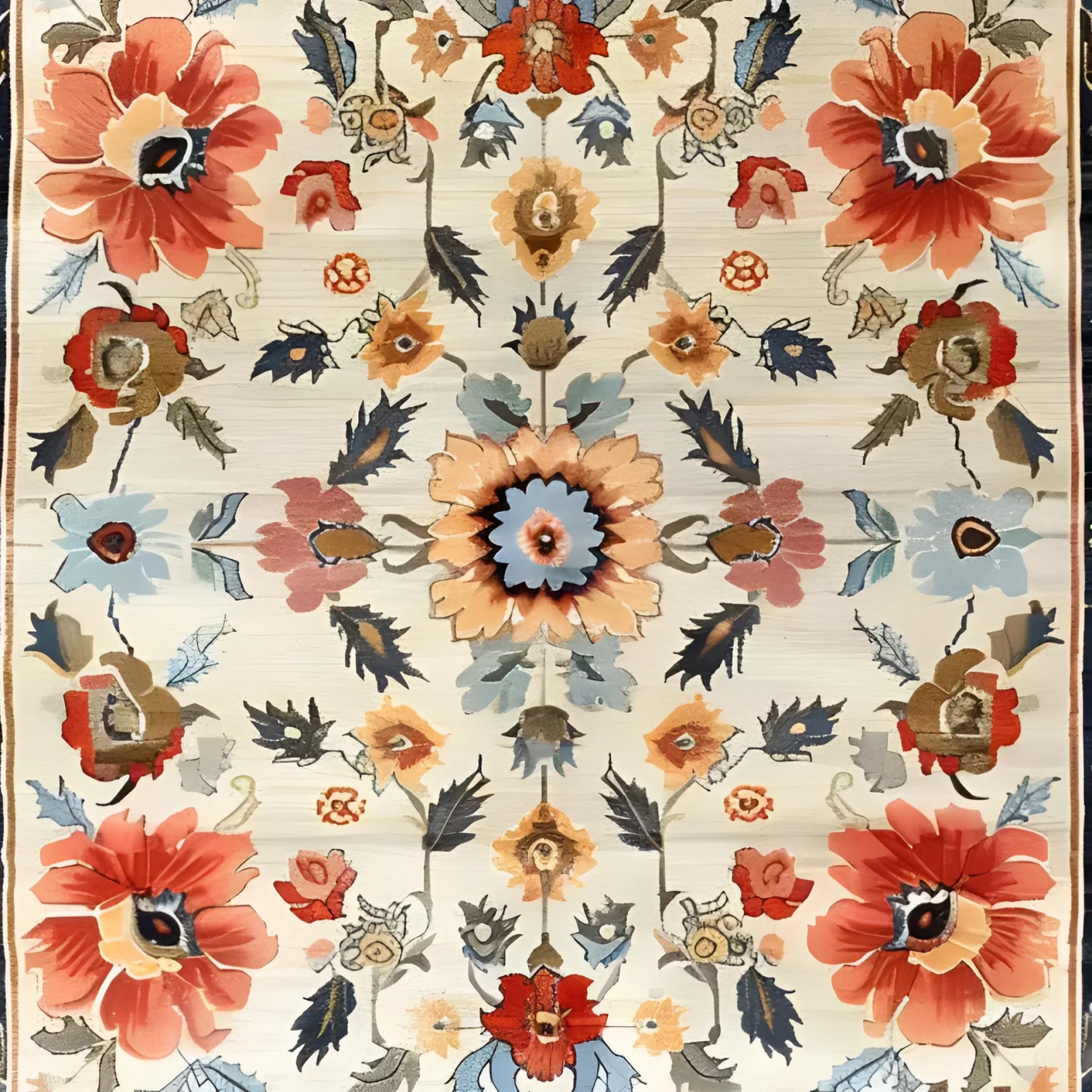 A beautifully intricate Floral Extravaganza wool hand-knotted area rug, showcasing vibrant red, orange, blue, and beige floral patterns on a cream background. Ideal for adding a touch of elegance to bedrooms, living rooms, and dining rooms. This floral rug draws inspiration from traditional Persian rugs, perfect for those seeking a luxurious wool rug.