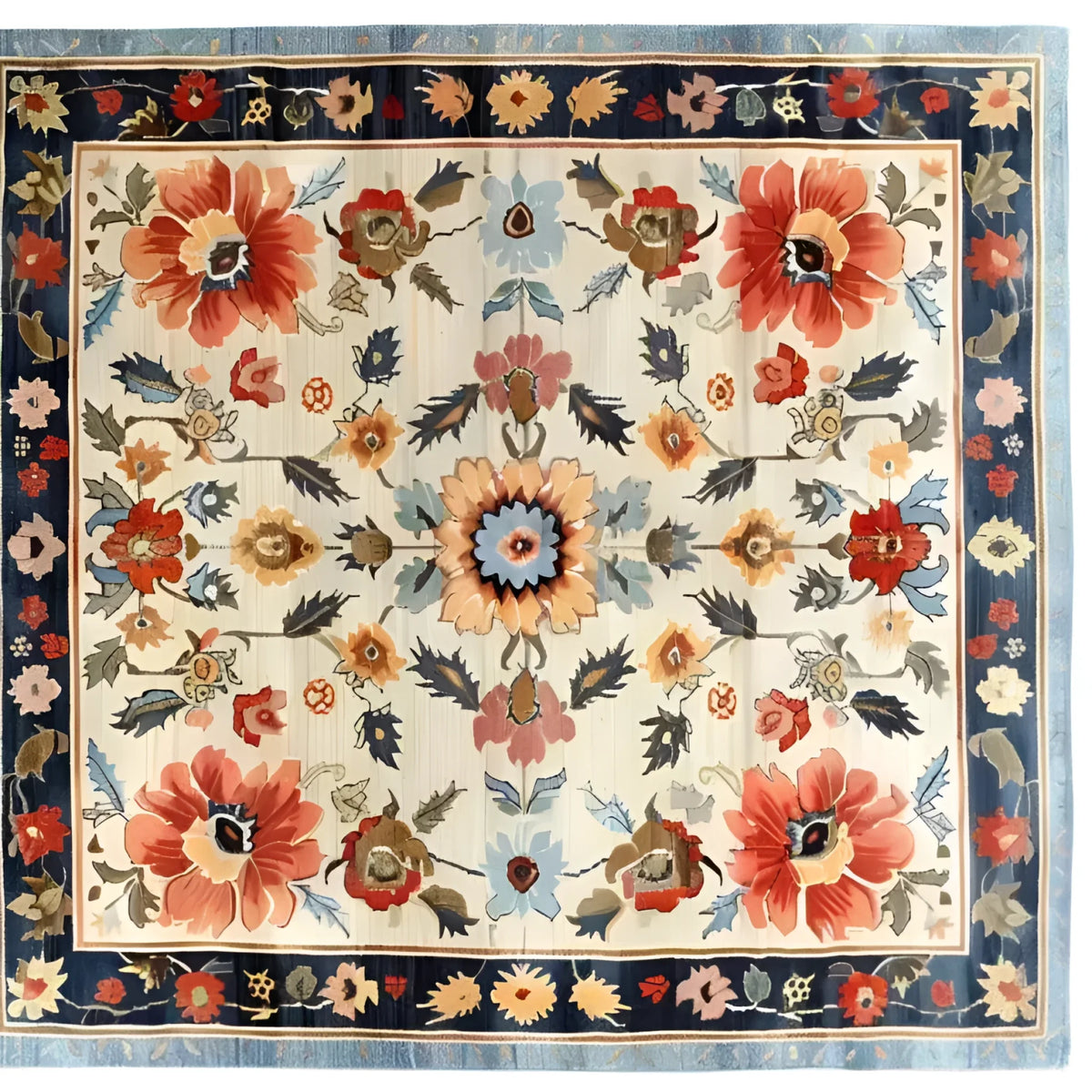 A beautiful Floral Extravaganza wool hand-knotted area rug showcasing an intricate floral design in vibrant colors. Perfect for enhancing the charm of bedrooms, living rooms, and dining rooms, this Persian-style wool rug combines elegance with durability.
