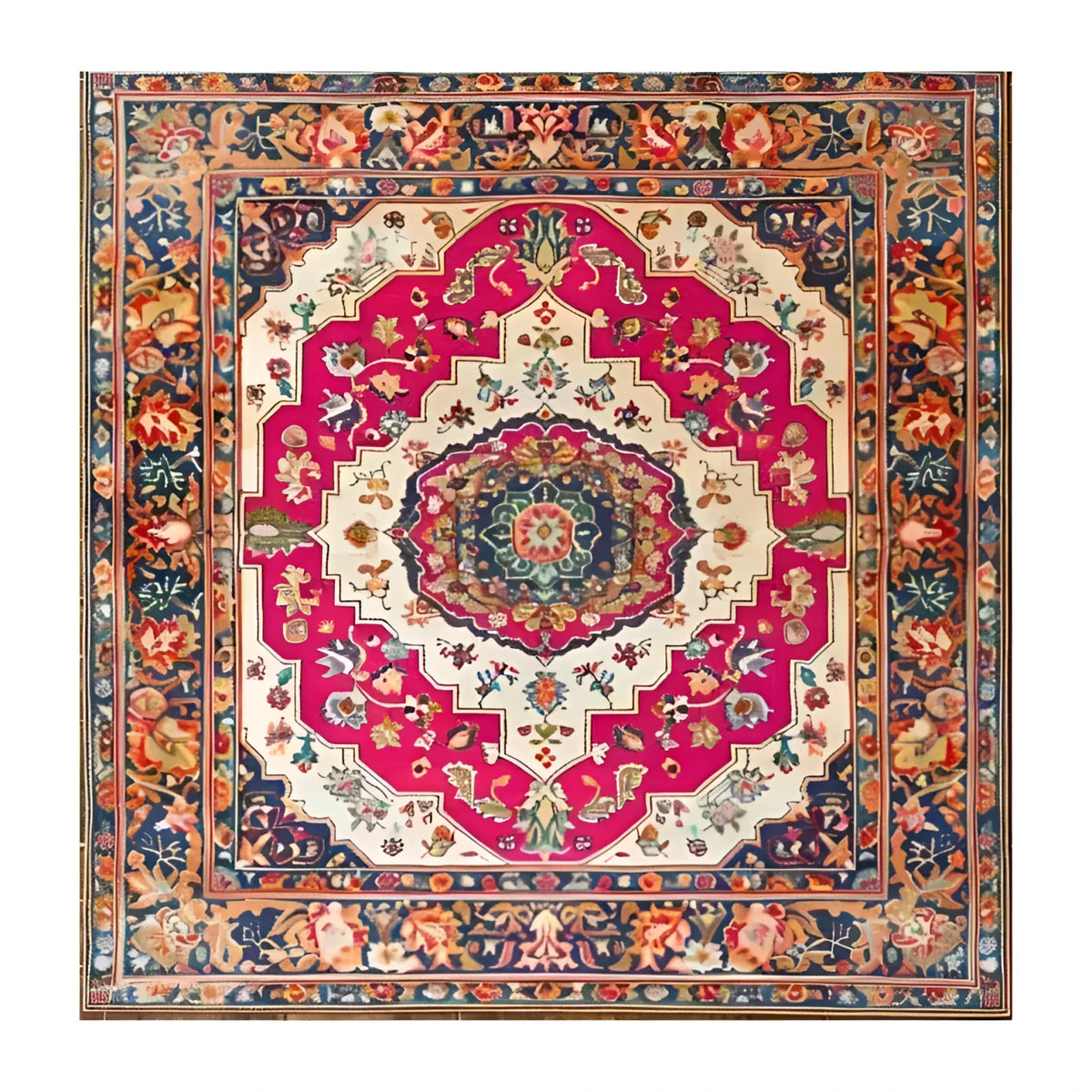 A vibrant Floral Fiesta Hand Knotted Area Rug featuring intricate floral patterns in shades of pink, cream, and blue, perfect as a square area rug for the living room or dining room. This vintage Persian-style wool rug brings elegance and warmth, ideal as a dining table rug or a centerpiece in any space.