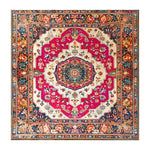 A vibrant Floral Fiesta Hand Knotted Area Rug featuring intricate floral patterns in shades of pink, cream, and blue, perfect as a square area rug for the living room or dining room. This vintage Persian-style wool rug brings elegance and warmth, ideal as a dining table rug or a centerpiece in any space.