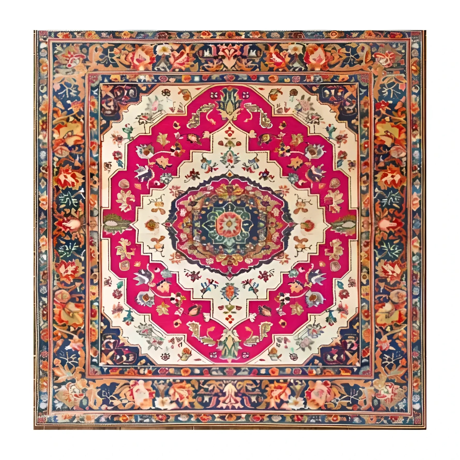 A vibrant Floral Fiesta Hand Knotted Area Rug featuring intricate floral patterns in shades of pink, cream, and blue, perfect as a square area rug for the living room or dining room. This vintage Persian-style wool rug brings elegance and warmth, ideal as a dining table rug or a centerpiece in any space.