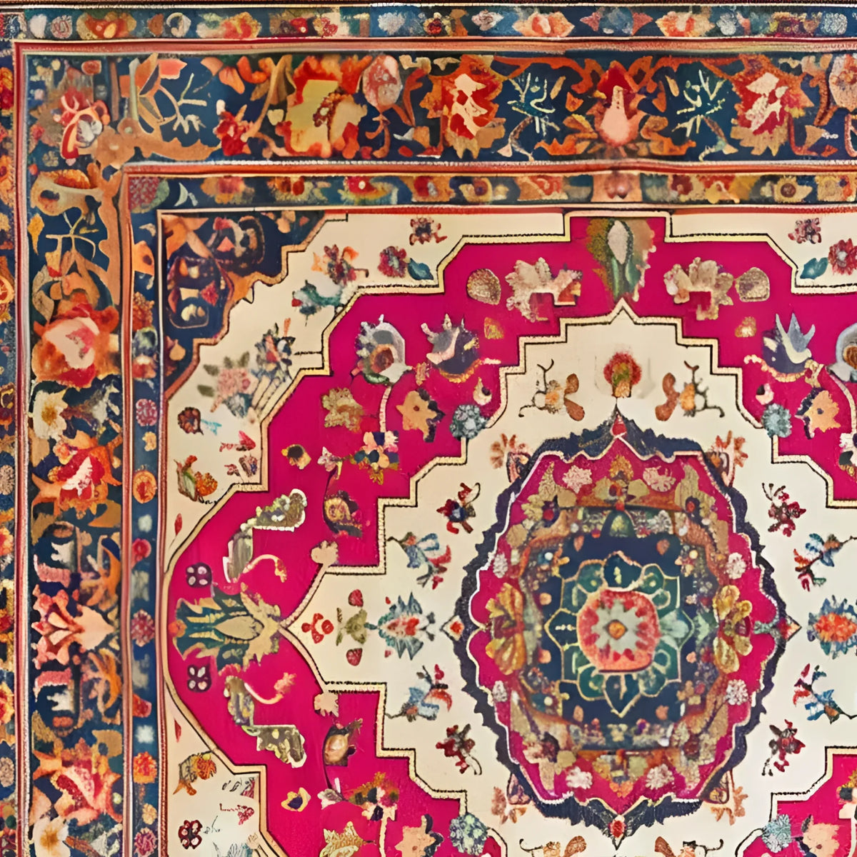 A vibrant Floral Fiesta Hand Knotted Area Rug showcasing intricate floral patterns with a rich color palette of pink, blue, and cream. This vintage square area rug, perfect for living or dining rooms, exudes elegance and is crafted from high-quality wool, reminiscent of classic Persian rugs.
