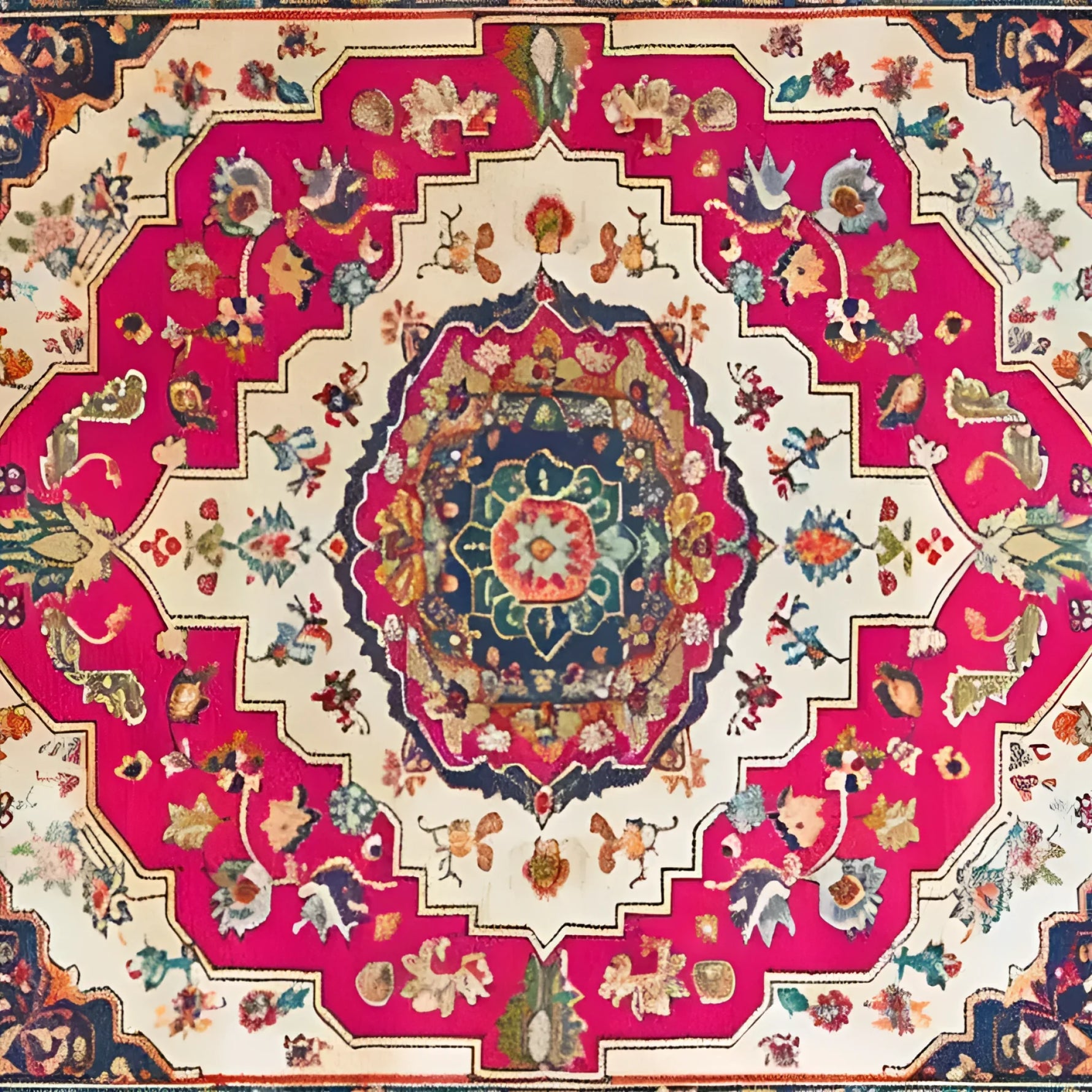 Vibrant Floral Fiesta Hand Knotted Area Rug showcasing an intricate Persian-inspired design with bold pink, blue, and cream colors. This square area rug is perfect for adding a vintage touch to your living room or dining room. The wool rug's floral patterns offer a classic look, making it a stunning choice under a dining table or as a centerpiece in any space.