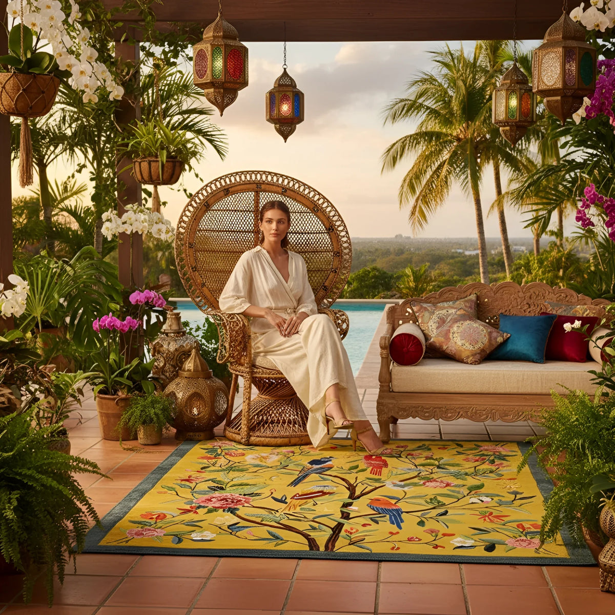 Woman sitting in a decorative chair on a floral rug, a patio with plants and a pool in the background