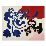 A vibrant area rug showcasing a floral form abstraction in bold colors. The contemporary rug features a striking design with blue, red, and black patterns on a white and pink background, ideal for large living room spaces. This wool rug adds a modern touch to living room area rugs, blending artistic flair with functionality.