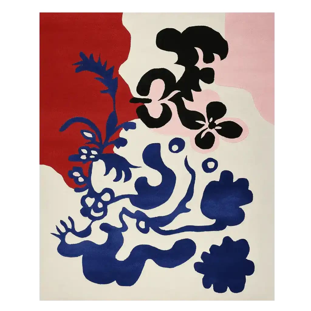 A vibrant hand-tufted area rug featuring a floral form abstraction. The contemporary wool rug displays bold colors with blue and black abstract shapes against a backdrop of red, pink, and white. Perfect for large living room spaces, this living room area rug combines artistic flair with functionality.