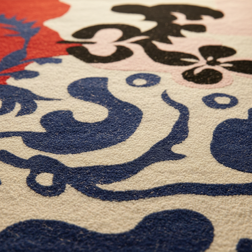 Close-up of a textured rug with black and blue designs